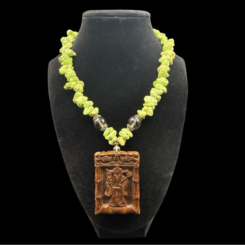 HUGE Artisan made Green Turquoise Dark Quartz Quan Yu Pendant Necklace 11” drop